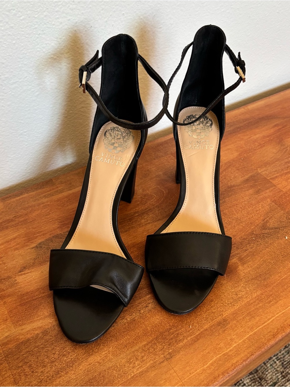 Vince Camuto Black Open-Toe Ankle Strap Block Heels
